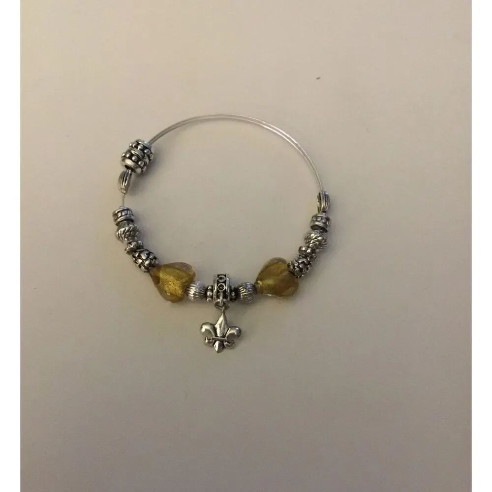 New Trendy Silver Fleur De Lis Beaded & Expandable Wire Bangle Bracelet